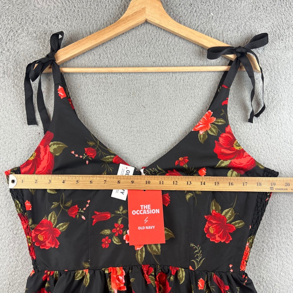 Old Navy The Occasion Floral Fit & Flare Dress Black Red Poppy Tie Shoulder L - Picture 5 of 13